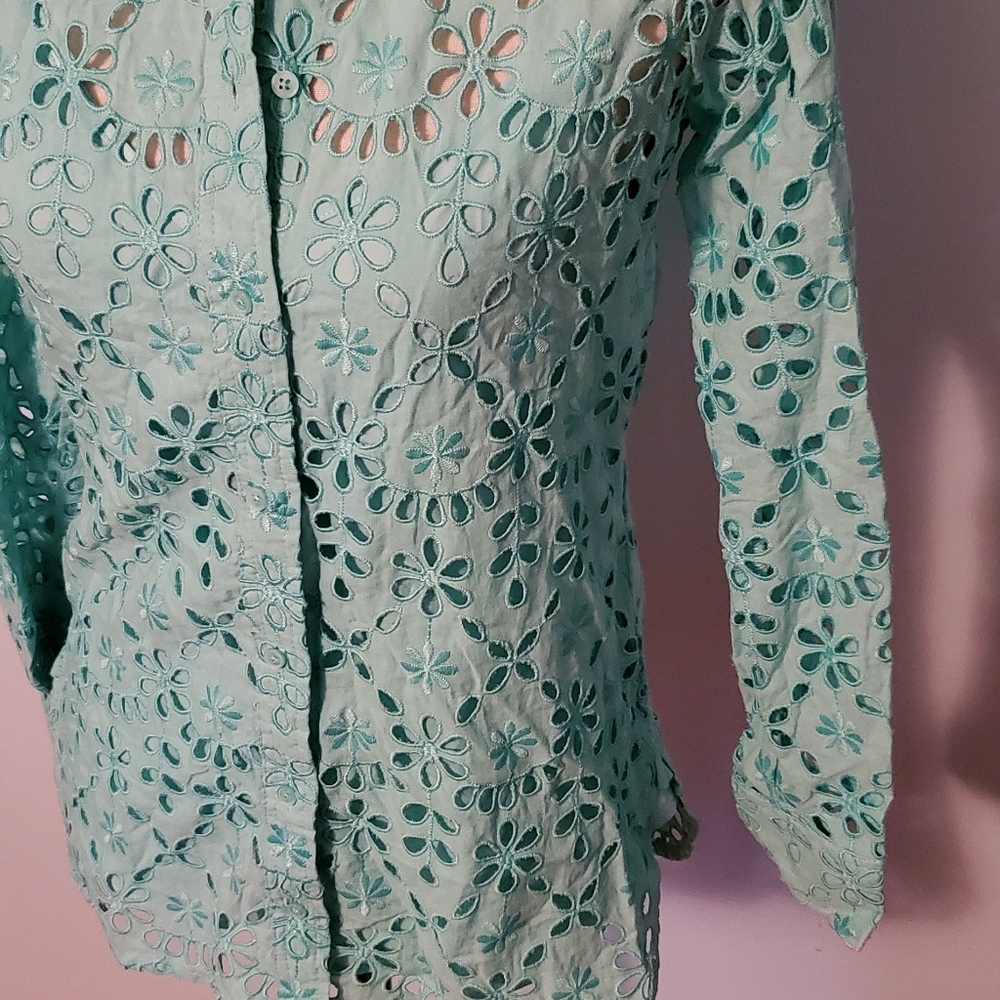 J. Crew Classic Bright Spearmint Green Embroidered Eyelet Button-Down Blouse - Picture 7 of 15